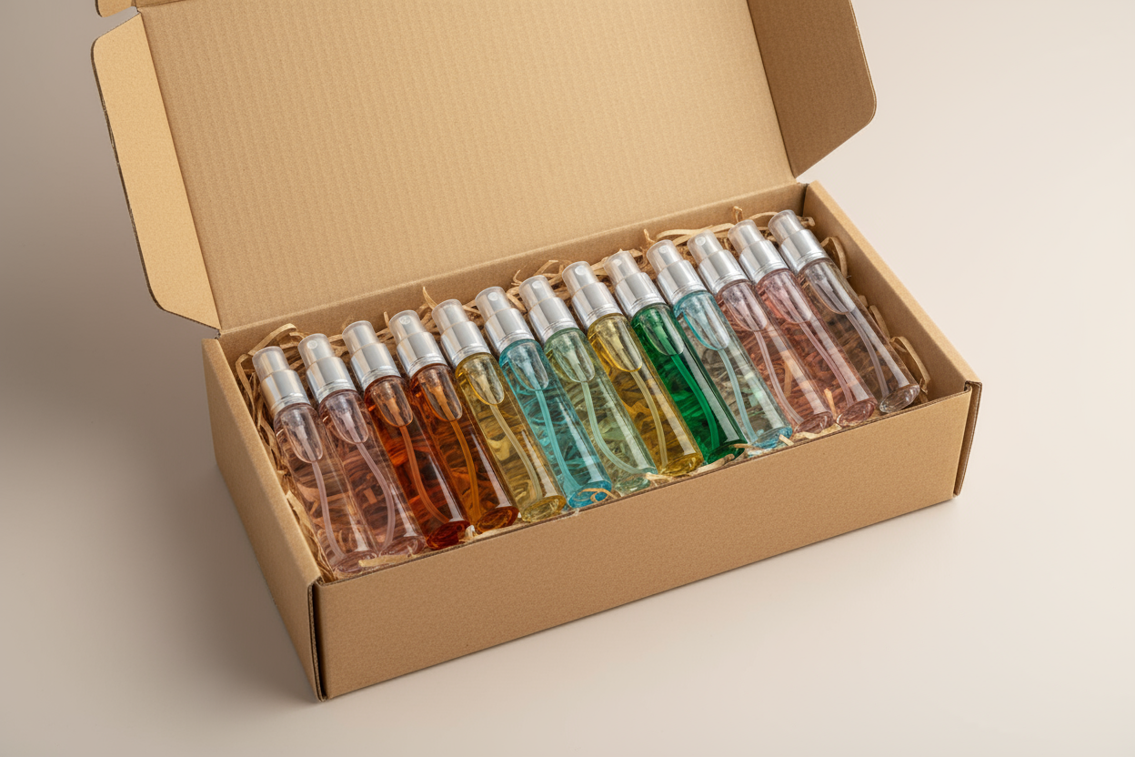 cardboard box, with the decants laying down